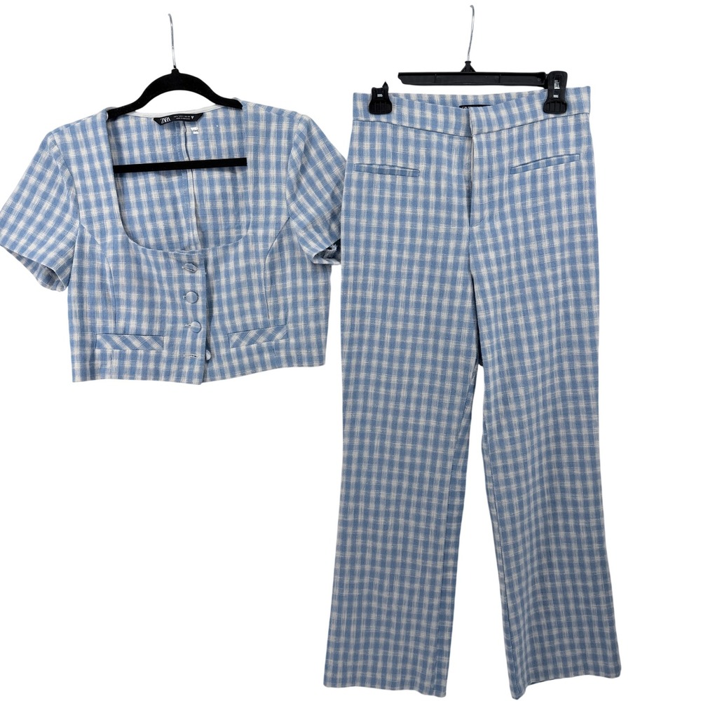 Zara Blue Gingham Linen Blend 2 Piece Set Crop Top and Pants Womens L/M